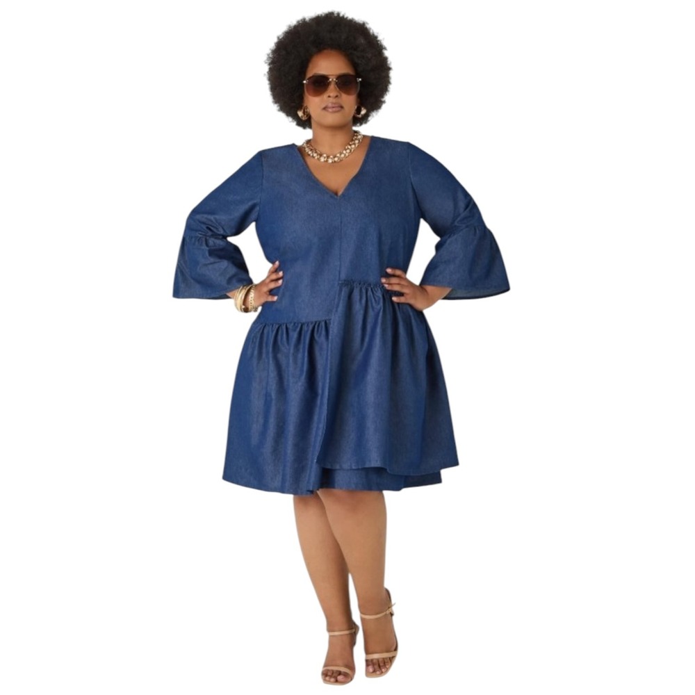 Ashley Stewart Layered Chambray Babydoll Dress Dark Wash Plus Size 22/24 NWT